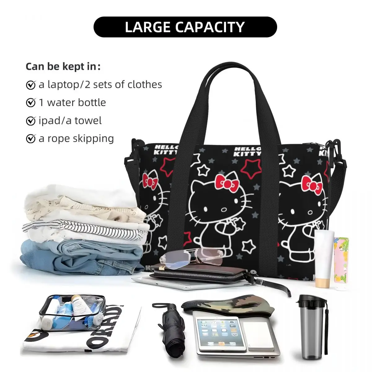 Custom Large Hello Kitty Tote Bag for Women Kitty White Shoulder Shopper Gym Beach Travel Bag