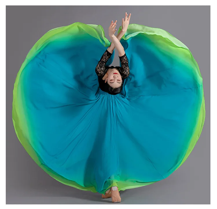 Women's 360-720 Degrees Big-hem Dance Skirts Gradient Color Chiffon Maxi Skirts Elastic-waist Elegant Square Dance A-line Skirts