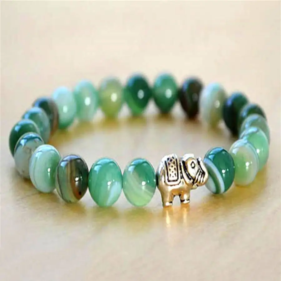 

Браслет-мала из зеленого полосатого агата 8 мм с золотым слоном, эластичный, с кисточкой, тибетский буддийский дзен-аксессуар