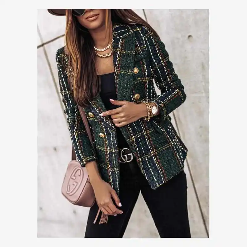 Spring Autumn Winter Long Sve Double Button Printed Suit Small Jaet Coat Sweet Sle Loose Fit Cotton Wool Blend Thiened