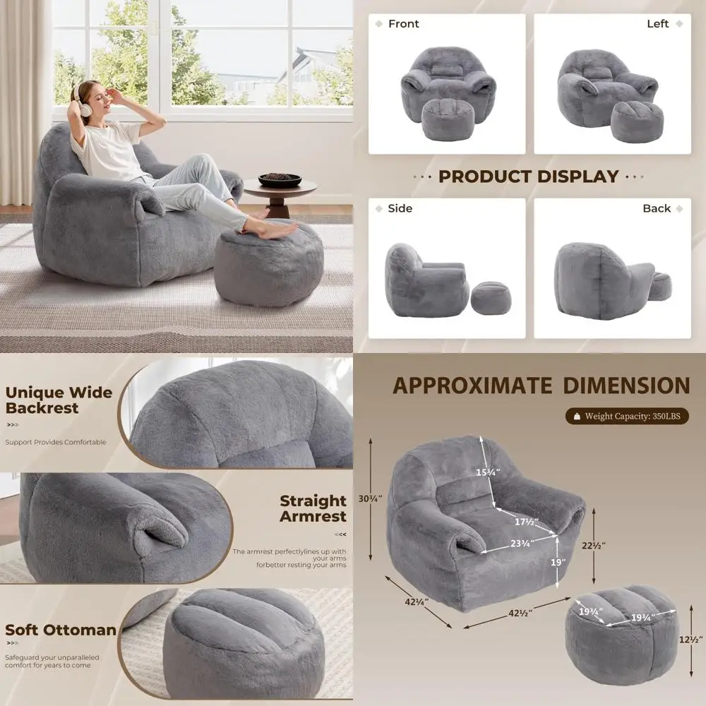 كرسي مريح للكبار من الفرو الصناعي مع دعم للظهر ومسند للقدمين، أريكة أرضية قطيفة لاسترخاء غرفة المعيشة #1
