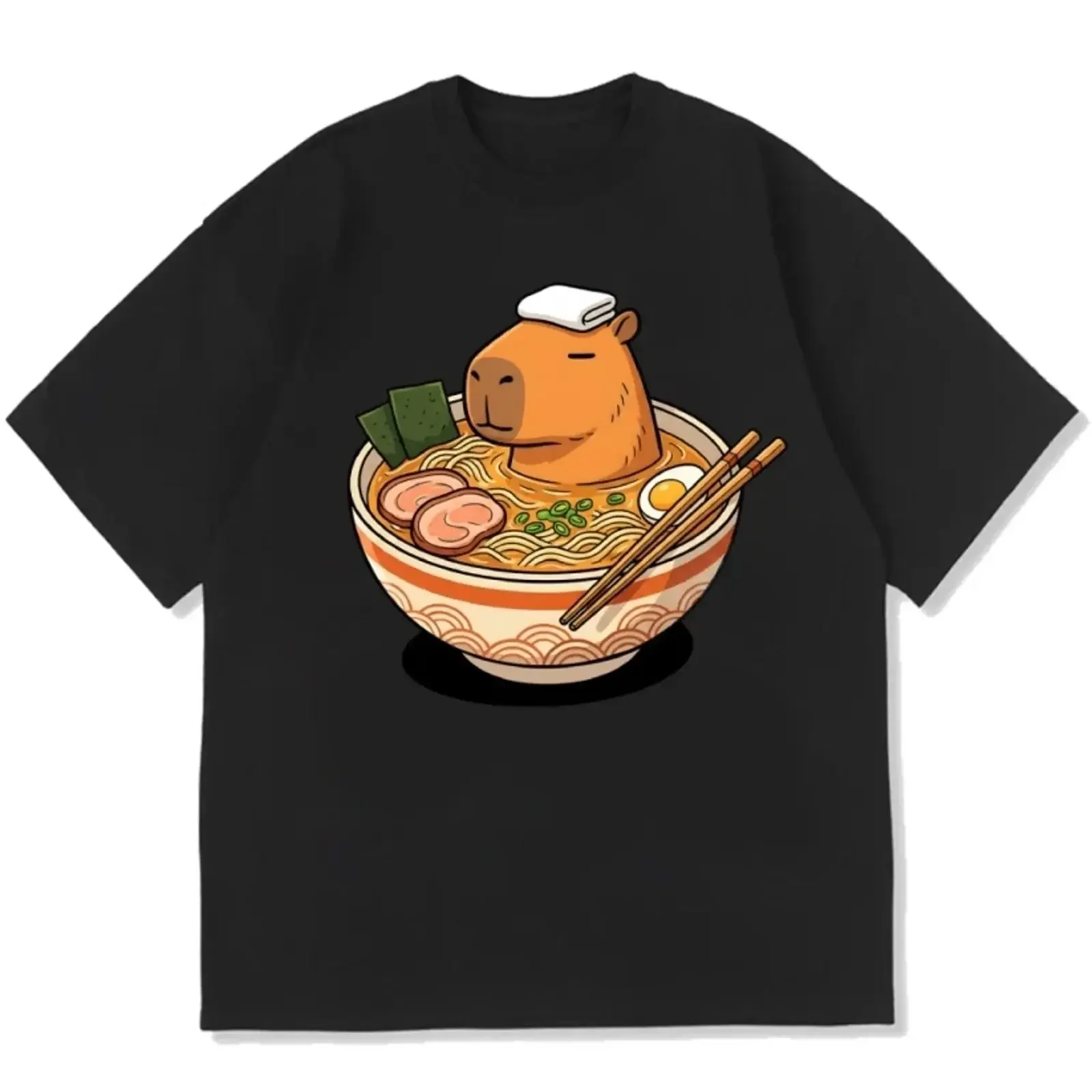 Emotionally Cooked Capybara Ramen Cotton casual T shirt Streetwear Meme vintage Washed Soft Stretched fashion