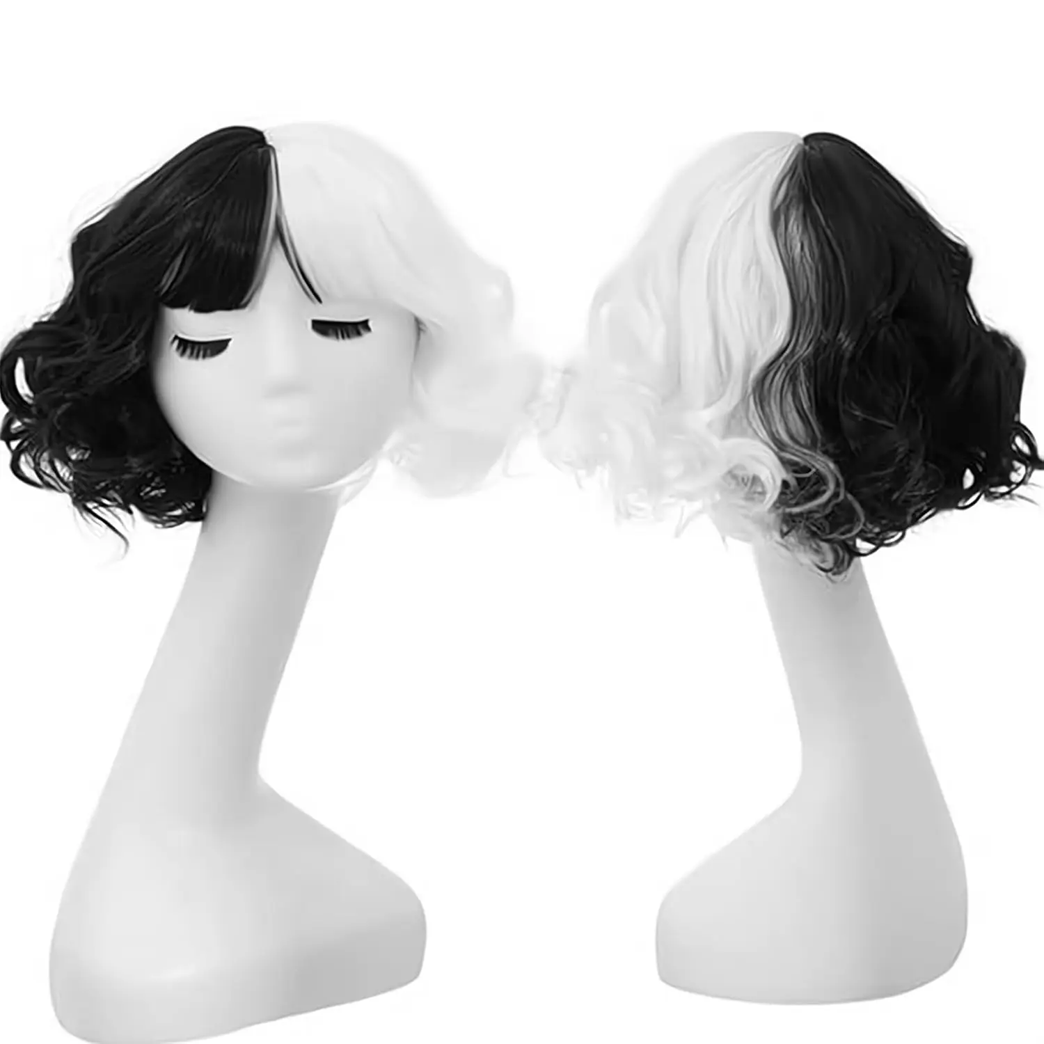 شعر مستعار تأثيري أبيض وأسود الباروكات للنساء زي قصير مستقيم إلى مجعد شعر مستعار بوب متموج مع الانفجارات للحزب تأثيري #2