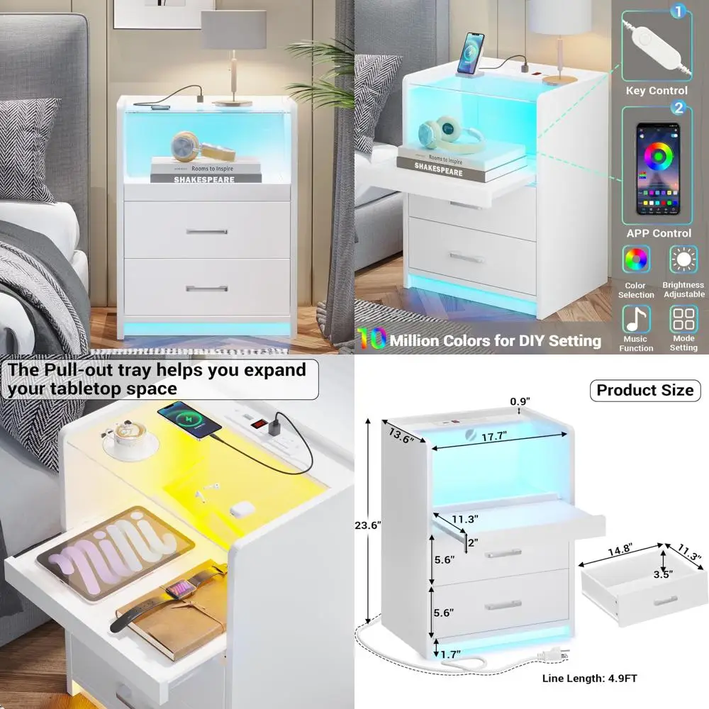 منضدة حديثة بإضاءة LED مع قاعدة شحن وصينية قابلة للسحب ودرجين للاستخدام بجانب السرير #1