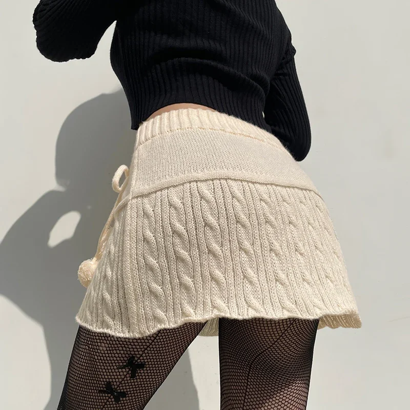 New Fashion Women Sexy Knitted Low Waist Y2K Short Skirt Preppy Style Cute Girl Streetwear Aesthetic Fairycore Drawstring Skirts