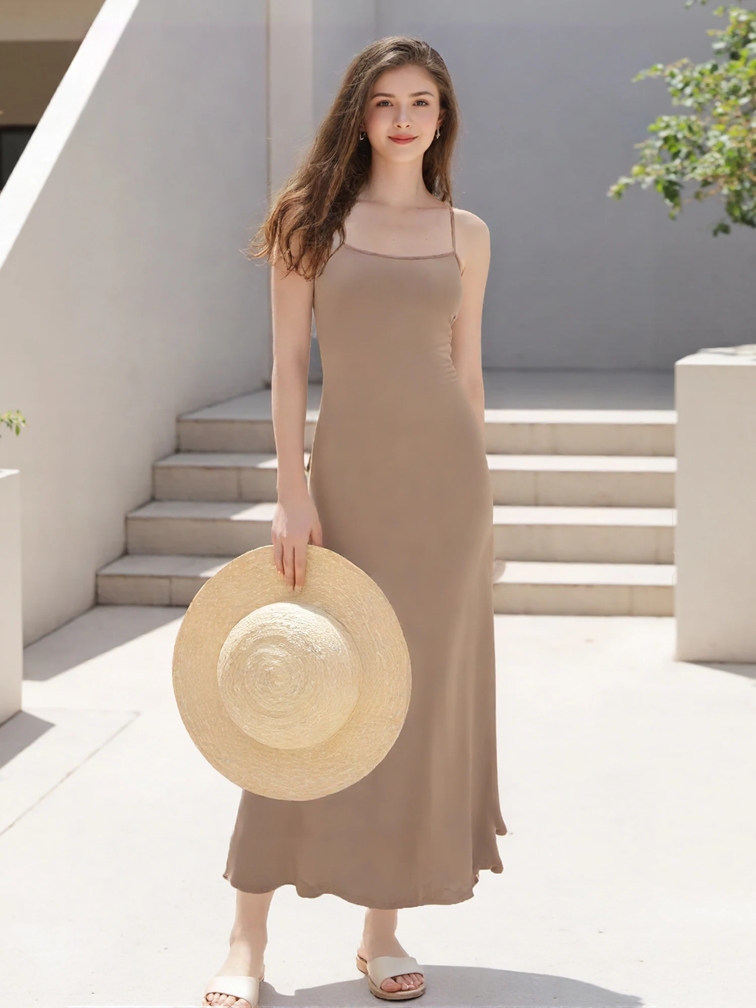 فستان كامي نسائي بلون سادة بدون أكمام وحزام سباغيتي فستان طويل للحفلات الصيفية #4