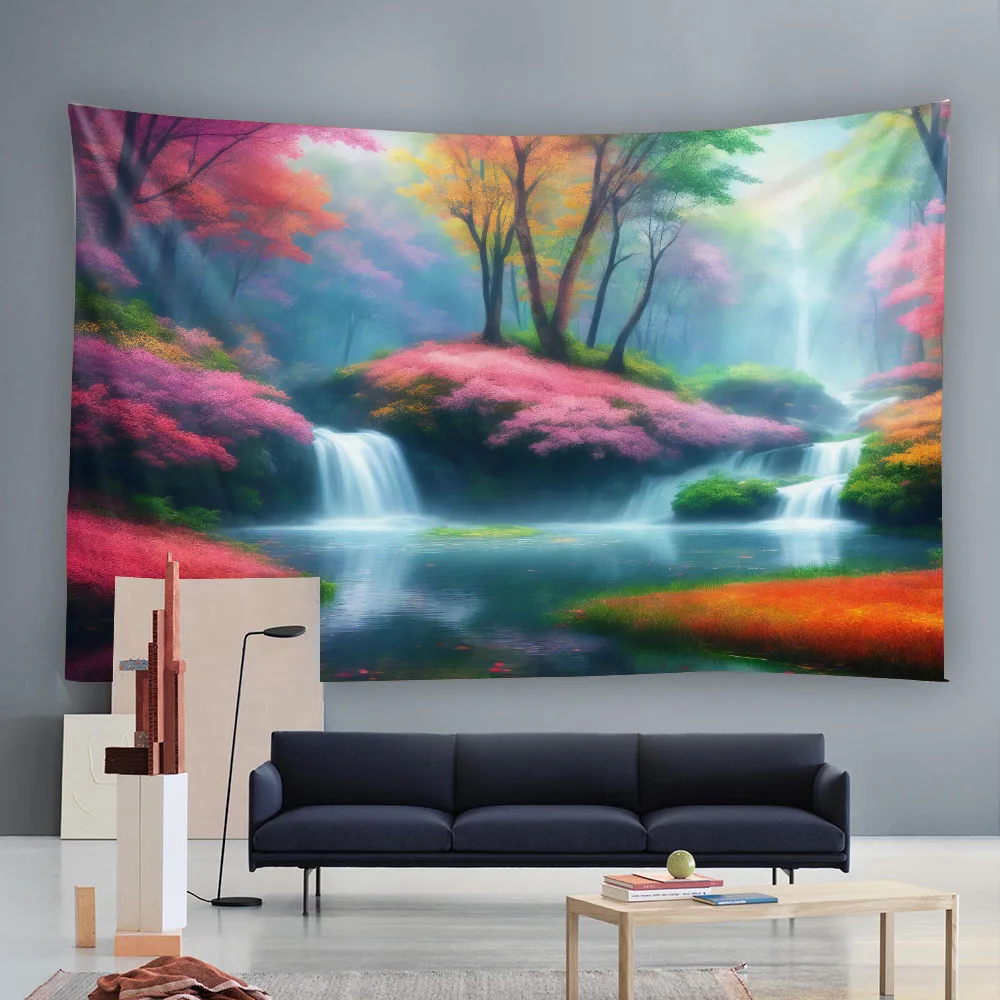 

Colorful Forest Waterfall Tapestry Fairyland Landscape Background Bohemian Aesthetics Bedroom Living Room Wall Hanging Cloth