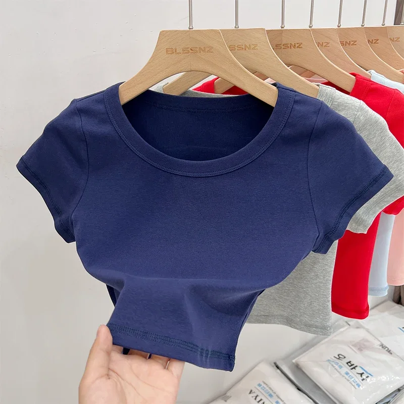 

2025 Summer Sexy Basic Crop Top Women Short Sleeve T-shirts Casual O Neck Solid Slim Tee Simple T Shirt Female Y2K Tops New