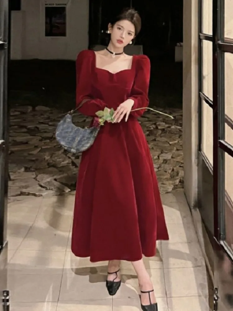 Topanoma Temperament Evening Dresses Women Vintage Square Collar Velvet Banquet Wedding Party Cocktail Birthday Elegant Ladies