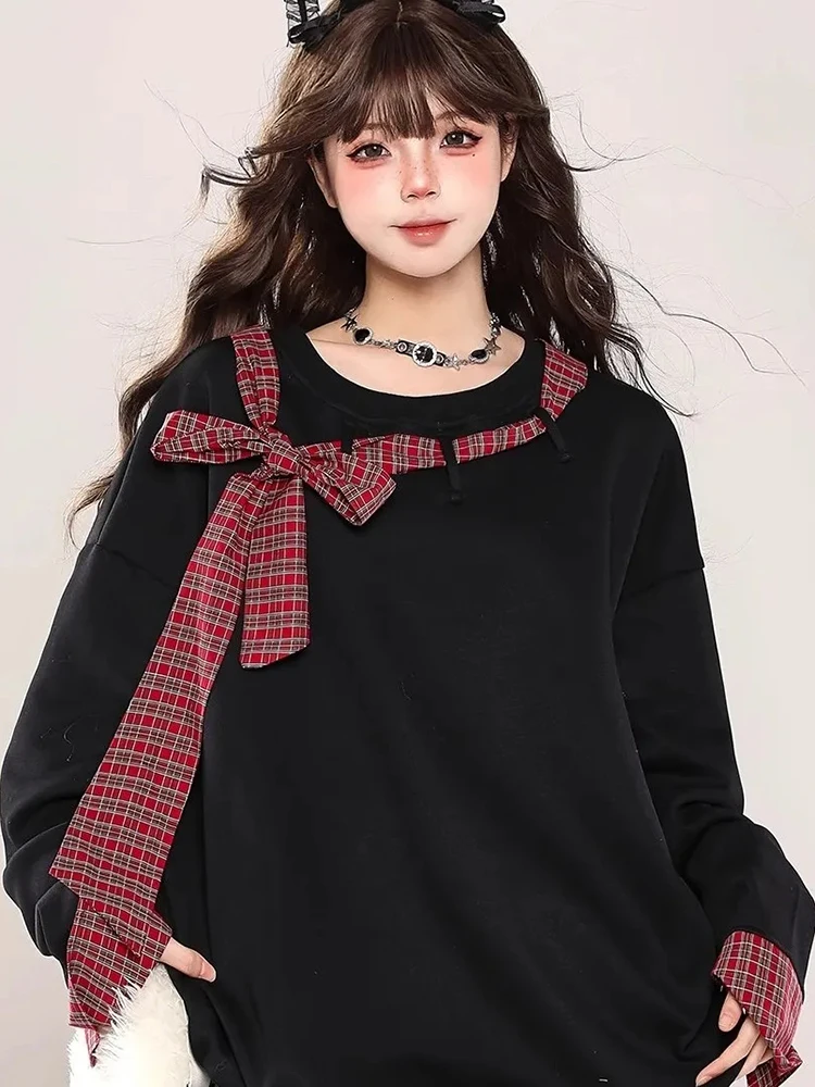 

Retro Plaid Patchwork Pullover Sweatshirts Women Spring Sweet Bow Loose Long Sleeve Sweatshirts Y2K Casual O Neck Lady Tops