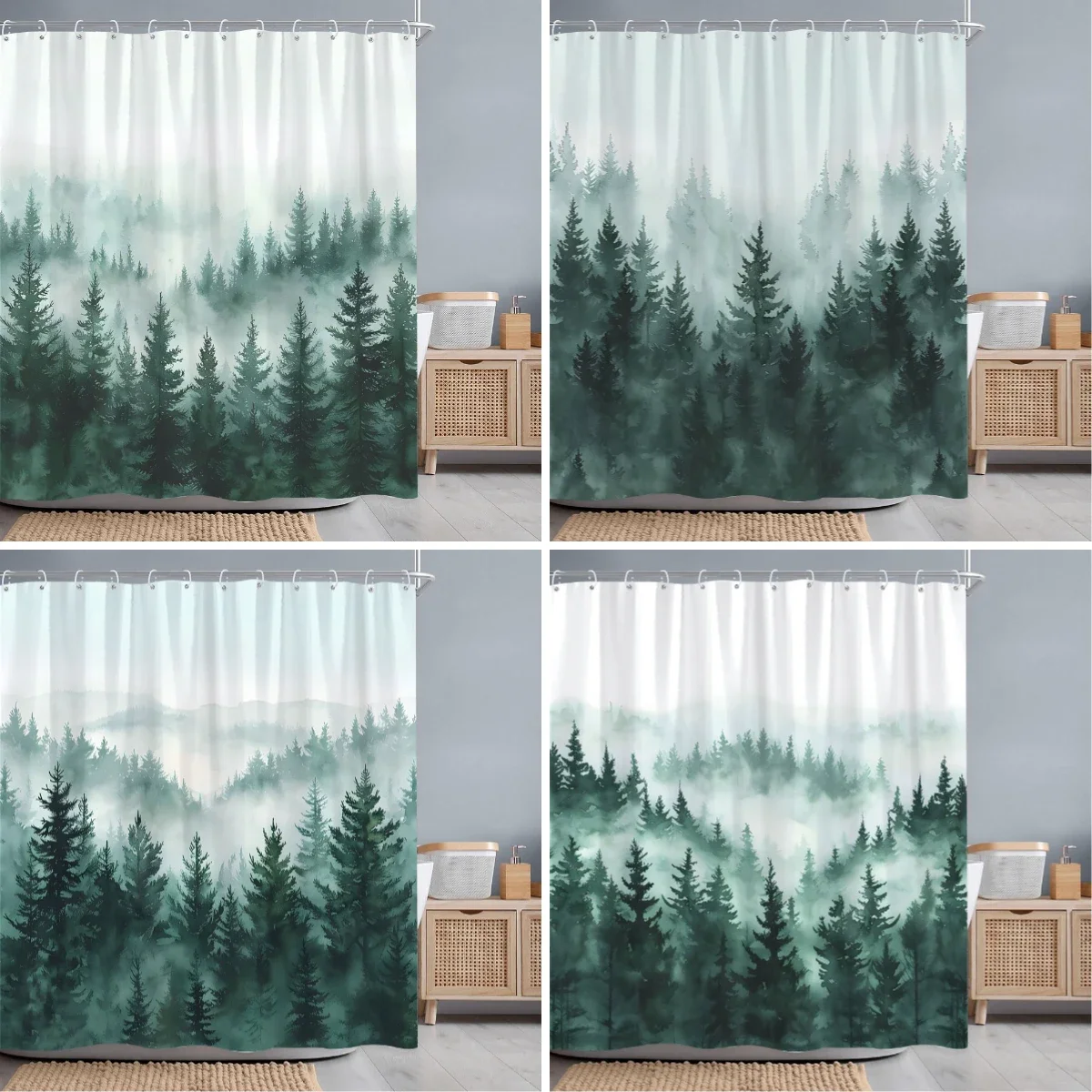 Misty Forest Shower Curtain Dreamy Rainforest Watercolour Print Polyester Fabric Shower Curtains Bathroom Decoration with Hooks