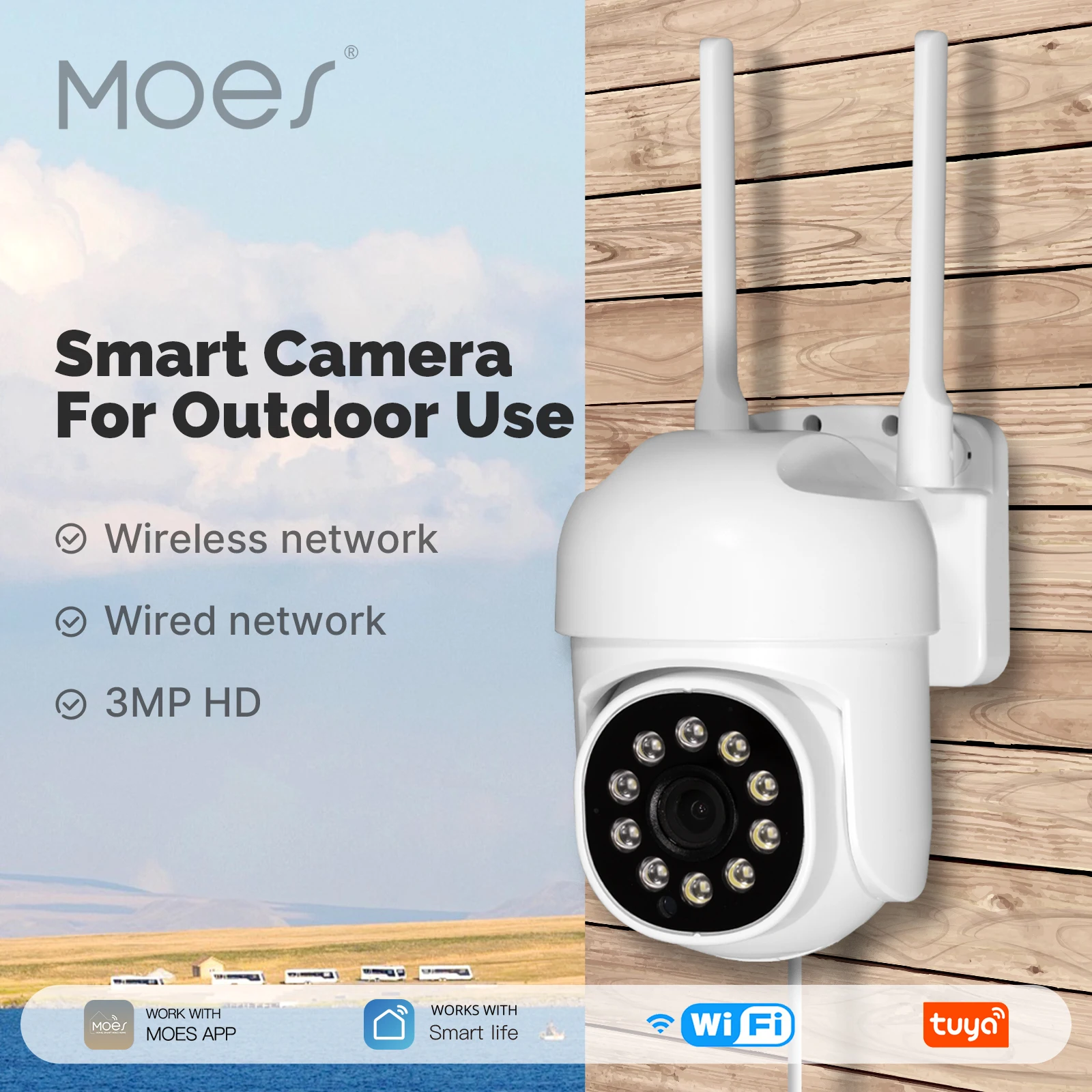 

MOES Tuya WiFi 3MP Smart Security Camera Support Wireless &Wired RJ45 Network IP65 Waterproof Motion Tracking Full Color Night