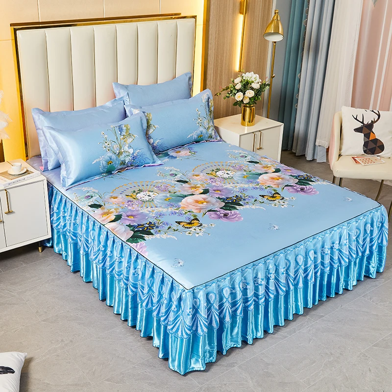 Cooling Bed Skirt Pillowcase for Summer colcha de cama queen Floral Style Bedspread 180x220 Lace Bedsheet with Anti Slip Straps