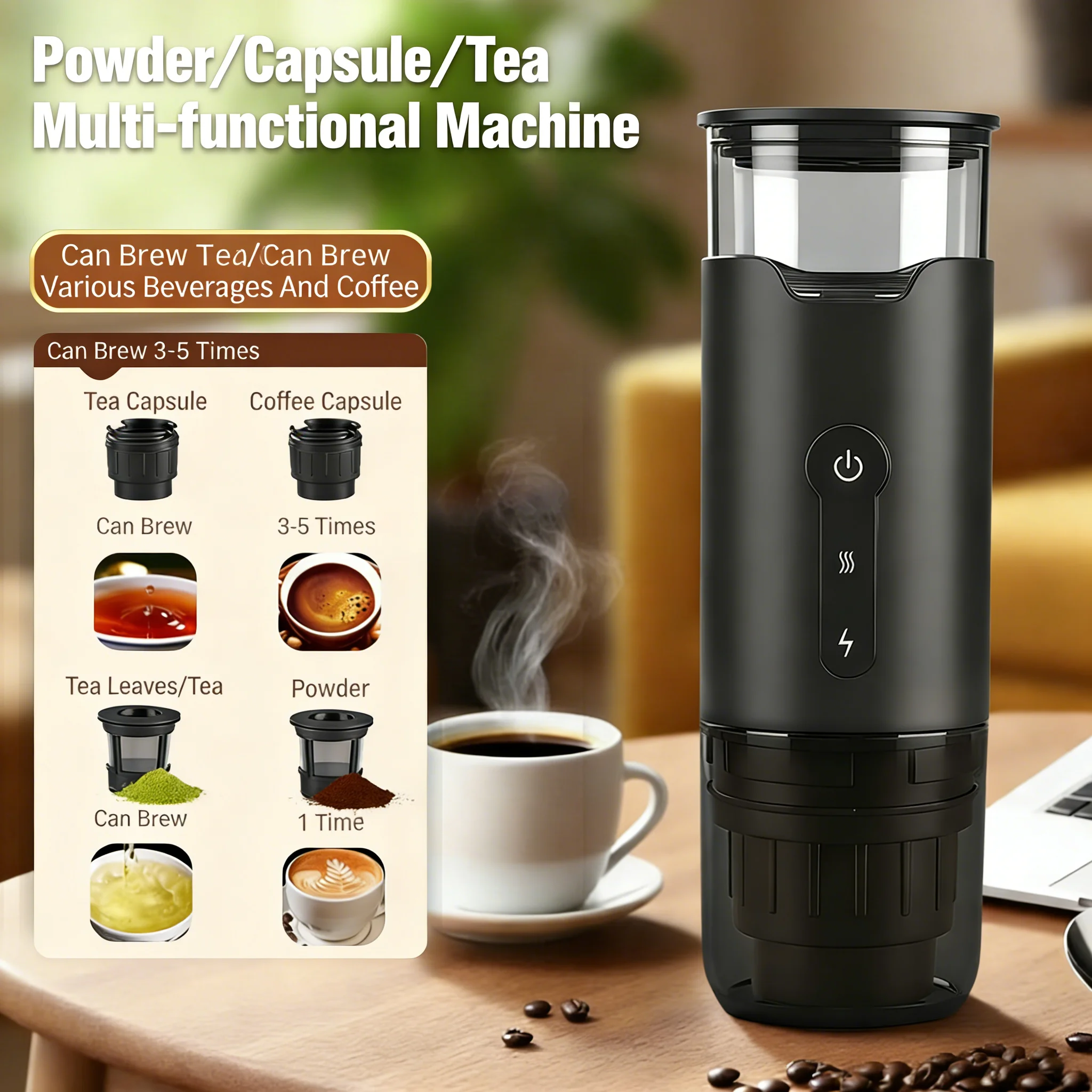 

Portable Capsule Coffee Machine Electric Espresso Maker Suitable for Ground Coffee & Coffee Capsules Camping Car Travel Home Use