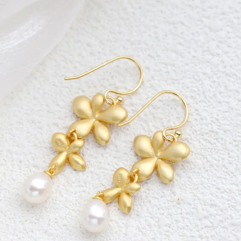 Authentic 925 Sterling Silver Earrings Women Fashion Creative Inlaid Natural Freshwater Pearl 18K Gold Plated Petal Earring