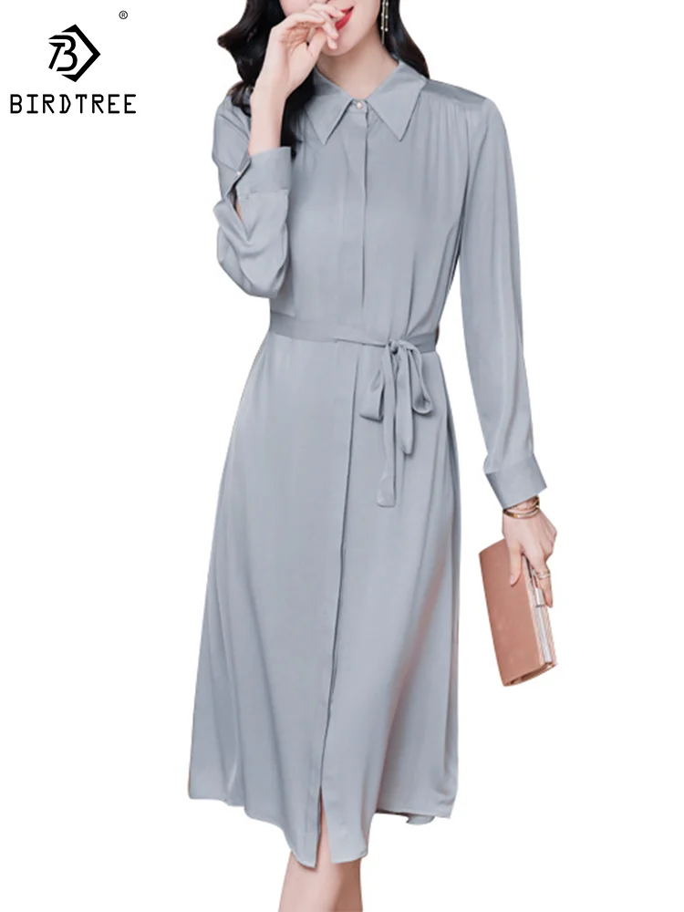 Birdtree 91.2% Mulberry Silk Elegant Shirt Dresses Solid Turn-down Collar Long Sleeve Lace-up A-Line Dress Office Lady D30361QM