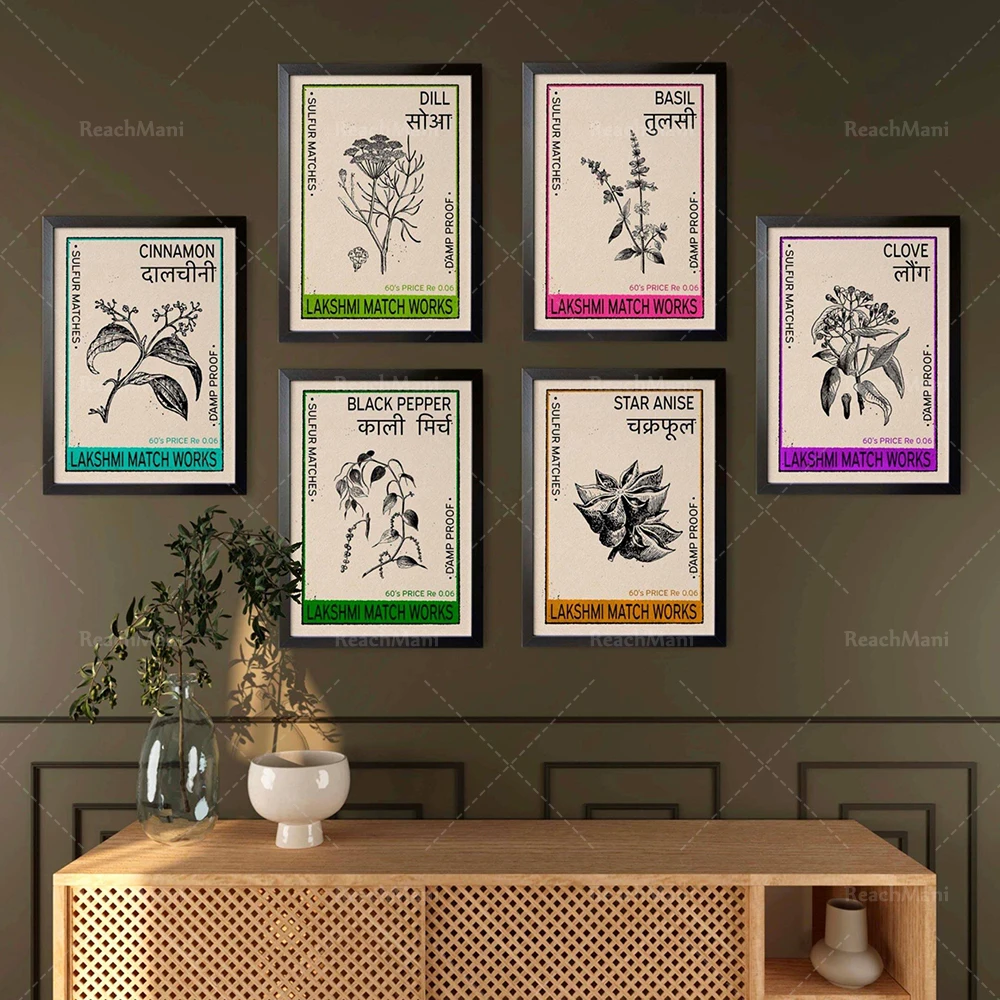 Lienzo artístico para decoración de sala de estar y cocina, póster impreso de especias indias, hinojo, eneldo, pimienta, clavo, canela, pared Vintage