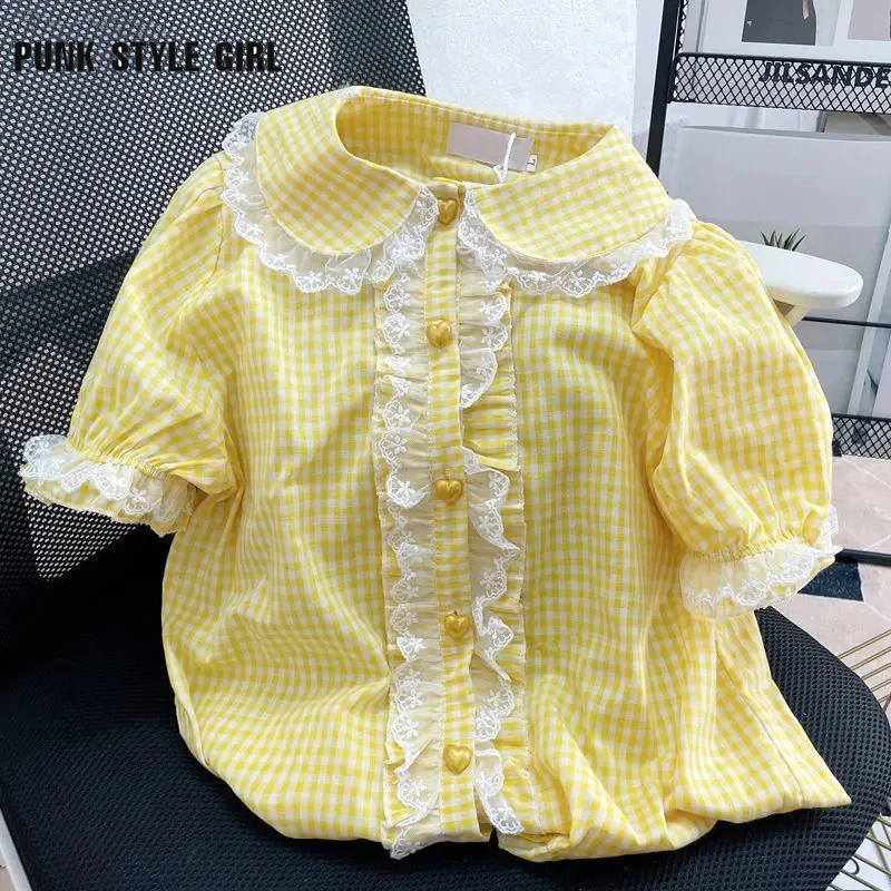 Lace Plaid Print Summer Women Kawaii Blouses Lolita Japanese JK Shirt Peter Pan Collar Cute Girls Sweet Puff Sleeve Blusas Mujer