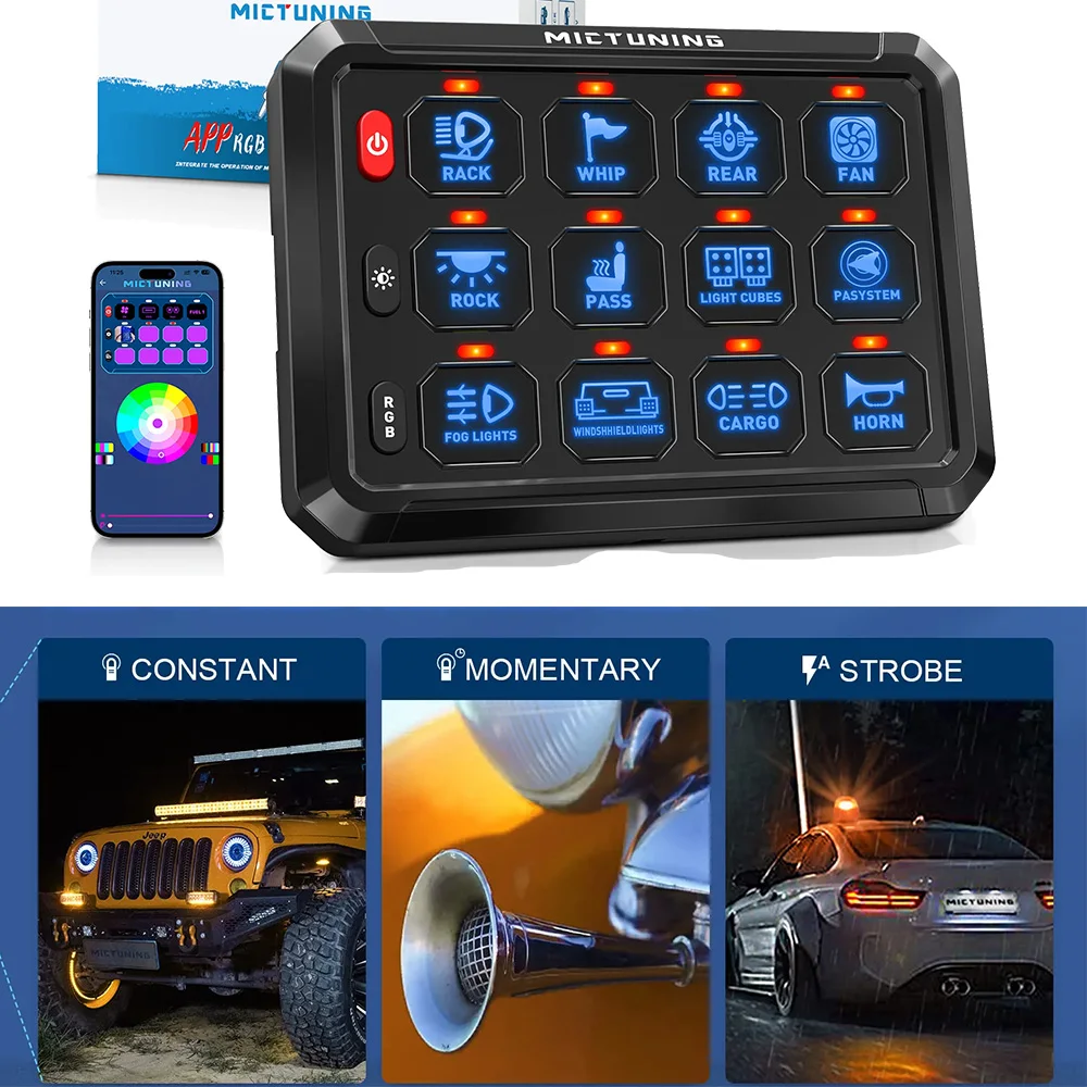 

RGB 8&12 Gang App Switch Panel, Bluetooth APP Control Multifunction 12V 24V LED On-Off Switch Panel for Truck RV ATV UTV Boat