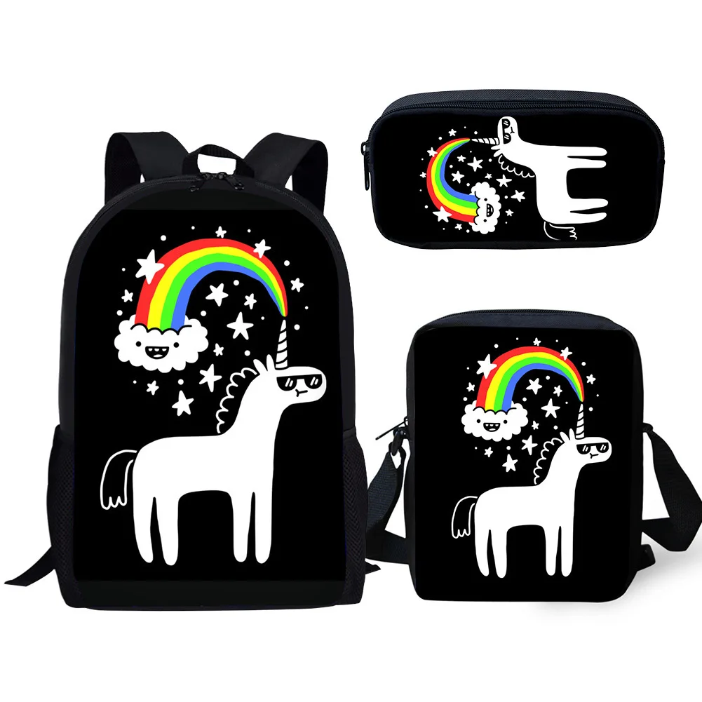 3Pcs Cartoon Cool Rainbow Unicorn Print Student School Bag Set Boys Girls Daily Casual Campus School Bag Lunch Bag Pencil Bag