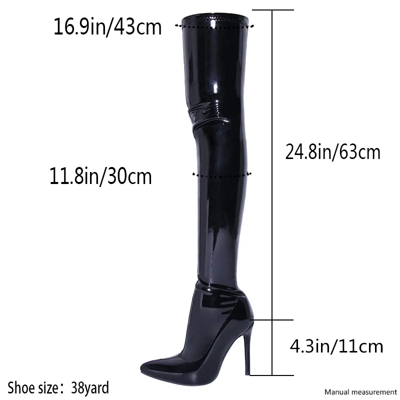 High Heels Black Patent Leather Thigh High Boots 2024 Women Pointed Toe Slip On Over The Knee Boots Dress Shoes