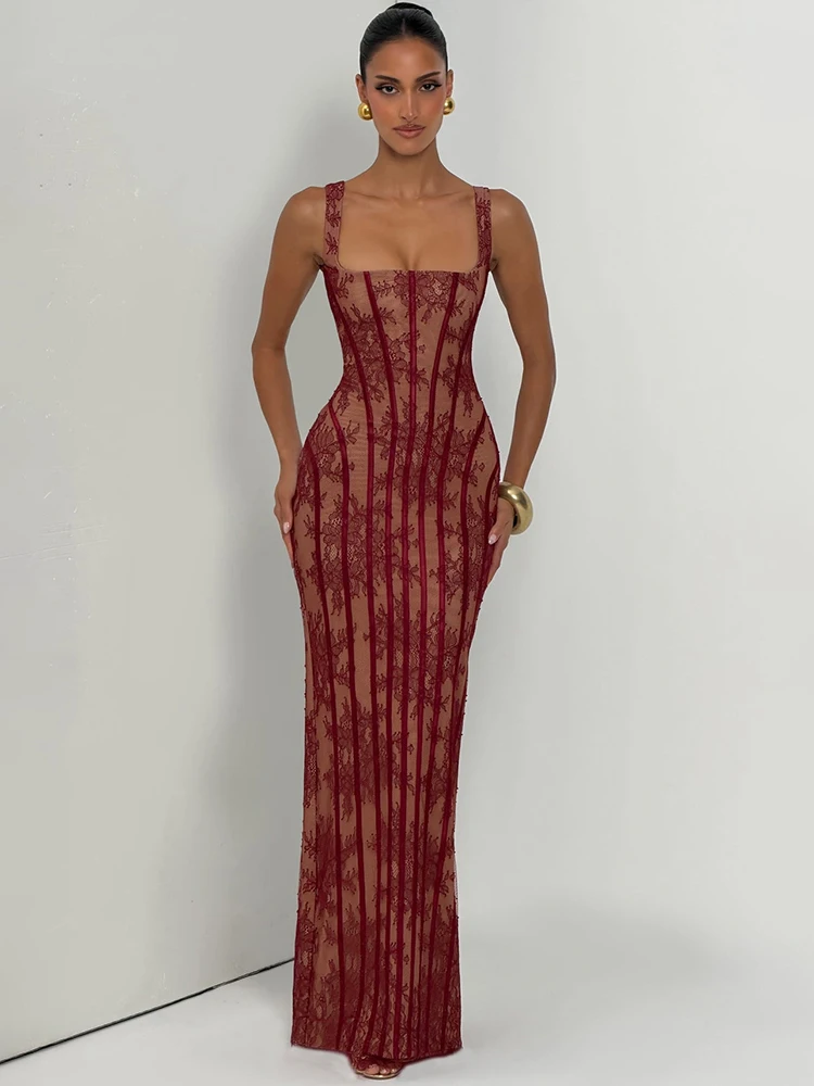 Mozision Quadratischer Ausschnitt Spaghetti-Träger Sexy Maxikleid Damen Spitze Mesh Gestreift Bodycon Elegantes Hochzeitsgast Abendkleid