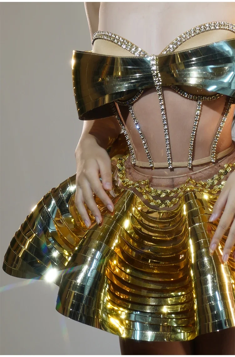 Luxury Two Piece Set gold Sequins Rhinestone Outfit club Sexy Backless Shiny Party Dress singer Stage Performance Costume