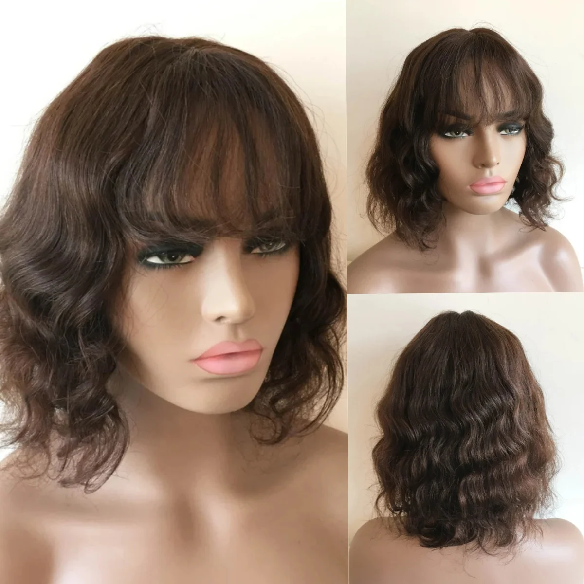 باروكة بوب قصيرة مجعدة ذات مظهر طبيعي مع غرة للنساء، شعر مستعار مموج بطول الكتف، شعر مستعار صناعي مموج بدانتيل أمامي يوميًا