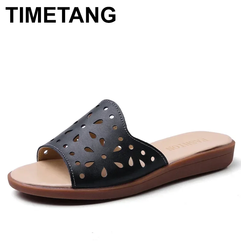 TIMETANGGenuine Leather Flat Slippers for Women Casual Beach Slippers Non-slip Summer Sandals Hollow Out Fashion Soft ShoesWoman