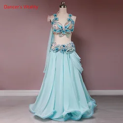 Trajes de competición de danza del vientre, sujetador personalizado de alta gama con cinta, falda de dobladillo grande, conjunto de cinturón, traje de escenario de baile indio Oriental