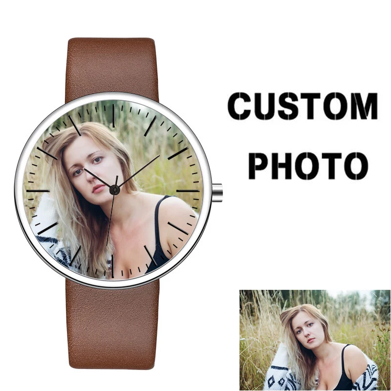 Custom Design Wrist Watch Japanese Quartz Movt Genuine Leather Strap Personalized Face Background Watch Picture Gift