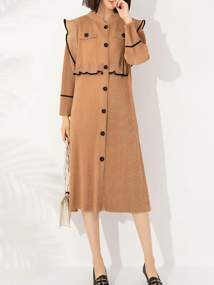 

Miyake Autumn and Winter Dress High-end Pleated Women Stand-up Collar Single-breasted Earrings Windbreaker Jacket Thick Material