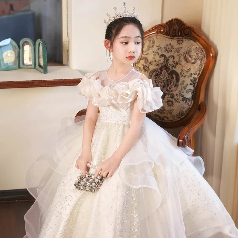 Robe de soirée longue en tulle pour petite fille, robes de champagne pour invité de mariage, robe de reconstitution historique de luxe pour enfants, fête d'anniversaire, élégante