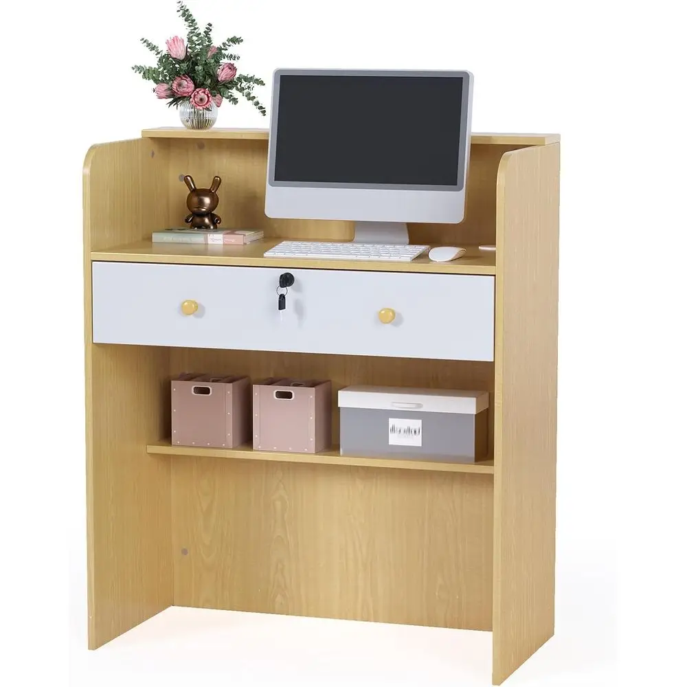

Reception Desk with Counter, Small Front Desk w/Lockable Drawer, Wooden Modern Reception Table (Original Wood)