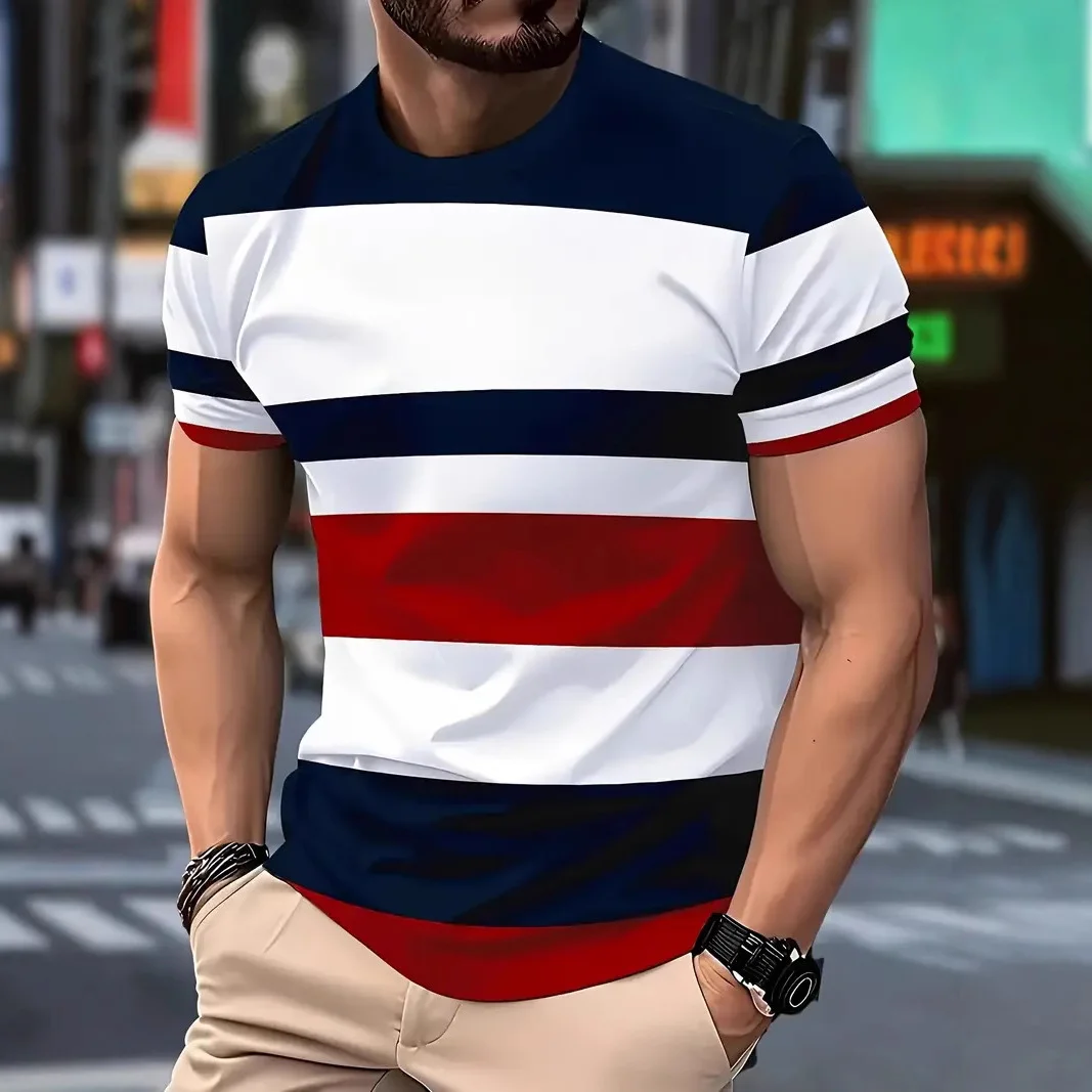 2025 Summer Men's Fashion 3D T Shirt Splicing Printed Colorblocking Casual Slim Short Sleeve Outdoor Sports Running Fitness Top image 2