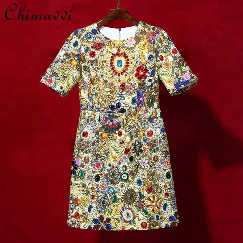 Vintage Court Style Heavy Luxury Diamond Jacquard Short Dress Modne damskie sukienki z okrągłym dekoltem i krótkim rękawem Luźne eleganckie sukienki