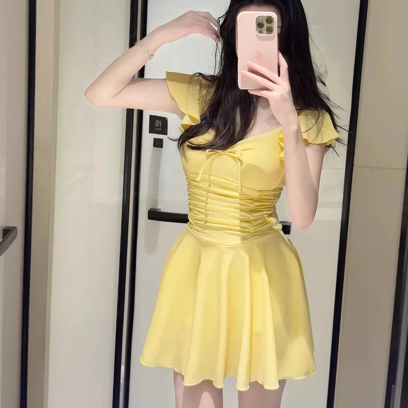 

Women's Cute Ruffled One Piece Swimsuit Dress Dopamine Bow Tie Ruched Tummy Control Flared Skirt Swimwear for Beach Hot Spring