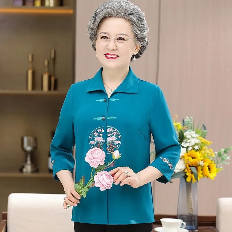 Fashion Summer Dress Grandma's Cropped Sleeve Shirt The Old Lady's Loose Embroidery Temperament Casual Blouse Female Tide.