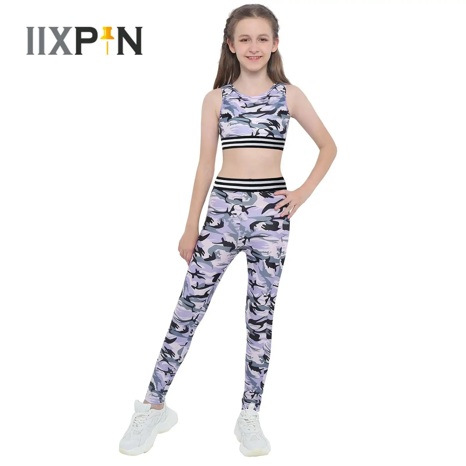 

Kids Girls Gymnastics Dance Costume Tracksuit Outfit Camouflage Racer Back Stretchy Tanks Bra Tops Crop Top with Leggings Pants