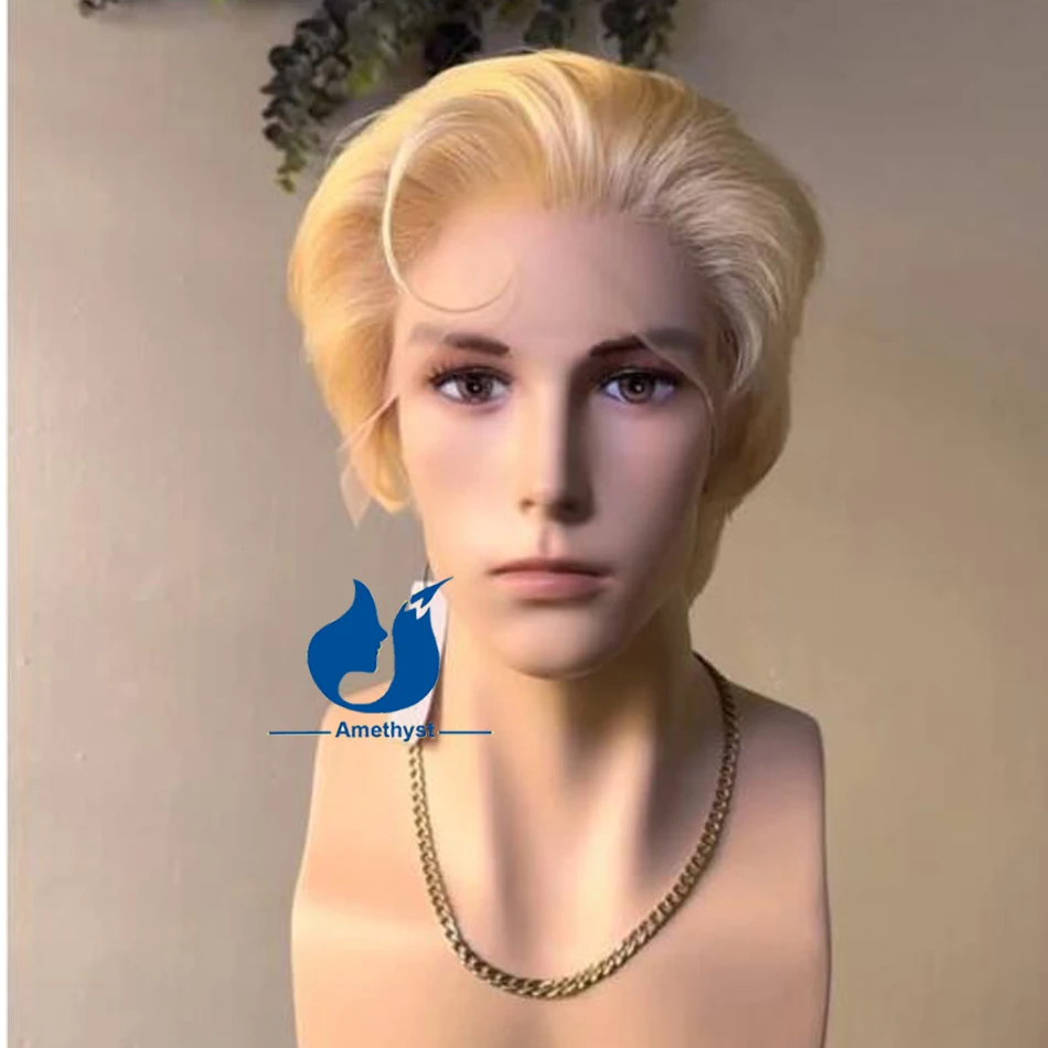 Amethyst Straight 13x4 Short Pixie Cut Human Hair Wig for Men Lace Front Wig Brazilian Remy Hair Pre Styled Blonde 613 Color