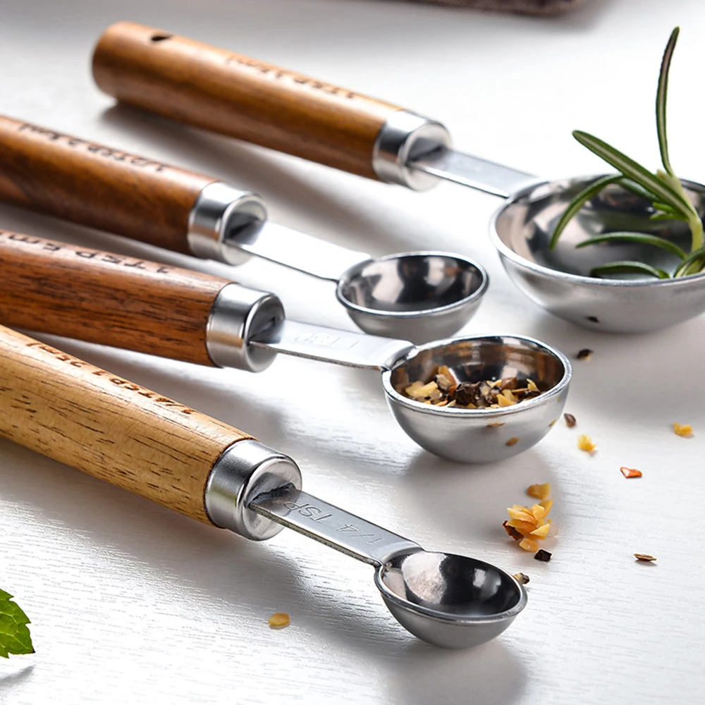 Measuring Spoon Set Wooden Handle Stainless Steel Measuring Cups Spoons Baking Tools Coffee Bartending Scale Kitchen Accessories