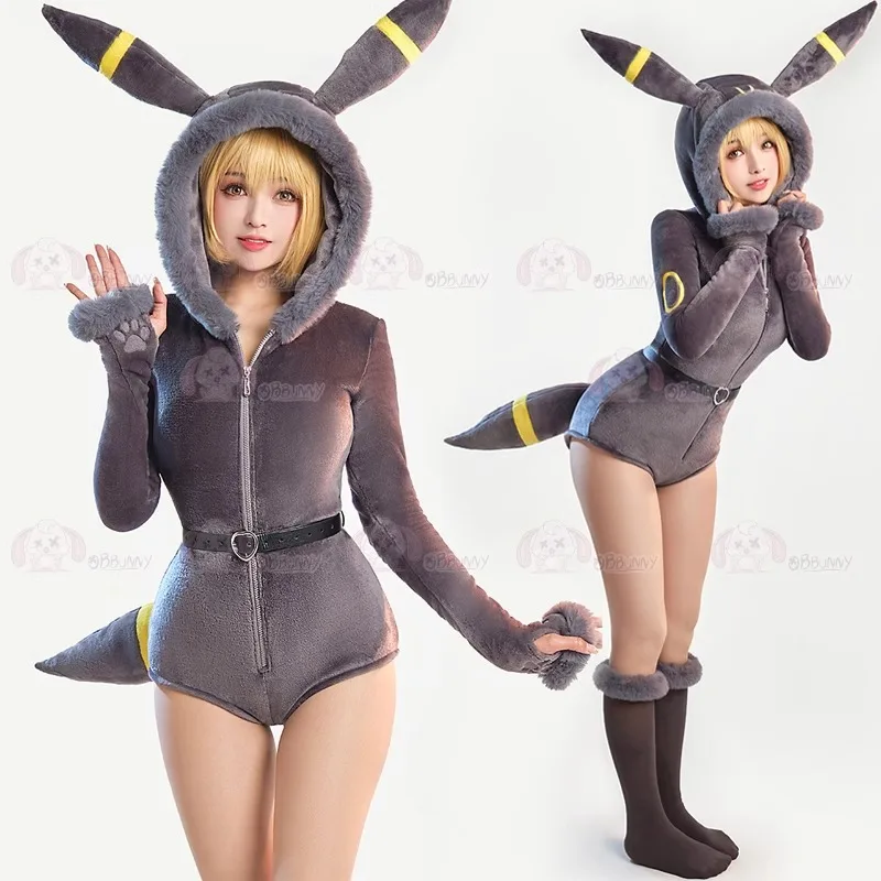 Bodysuit de pelúcia derivado anime para mulheres, macacão V profundo e meias, cinto e cauda, fantasia cosplay para meninas, lingerie sexy