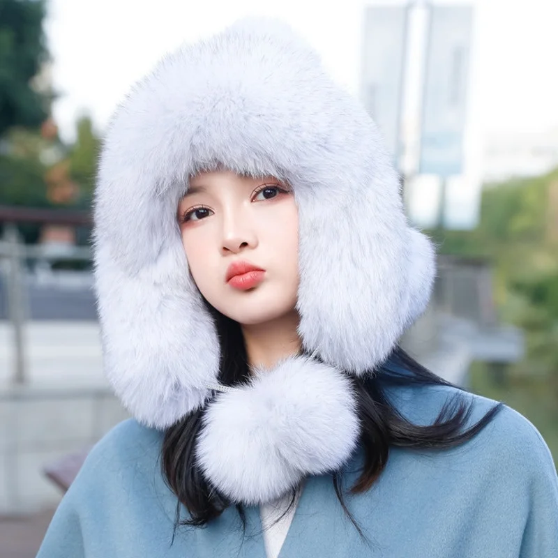 Real Rex Rabbit Fur Hat Winter Fur Hat Women Thickened Warmth Ear Protection Lei Feng Hat Winter Luxury Natural Fox Fur Caps