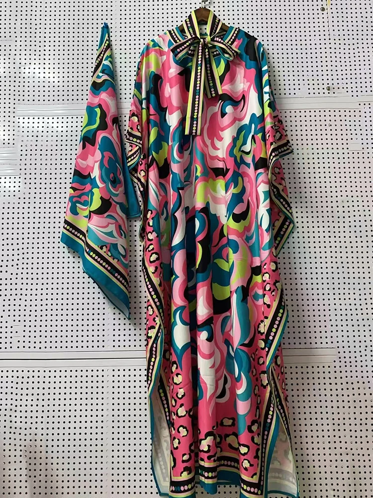 Designer style, retro, geometric, positioning print, drawstring, wraparound, dress. Fashionable. Large size. Slit skirt + scarf.