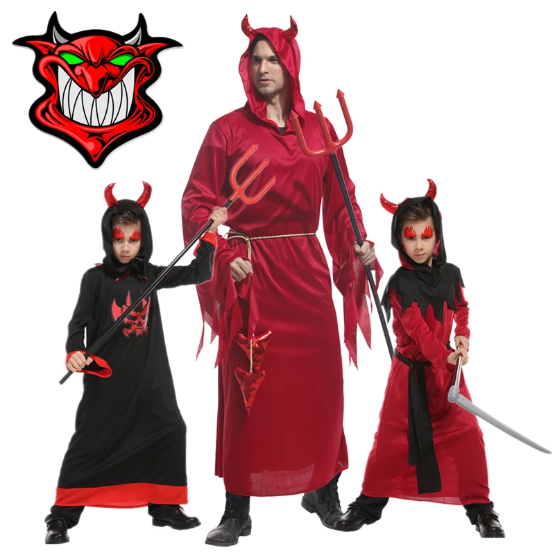 Halloween Red Demon Costumes For Kids Adults Hooded Devil Horns Cosplay Parent Child Clothes Carnival Party Dress Up