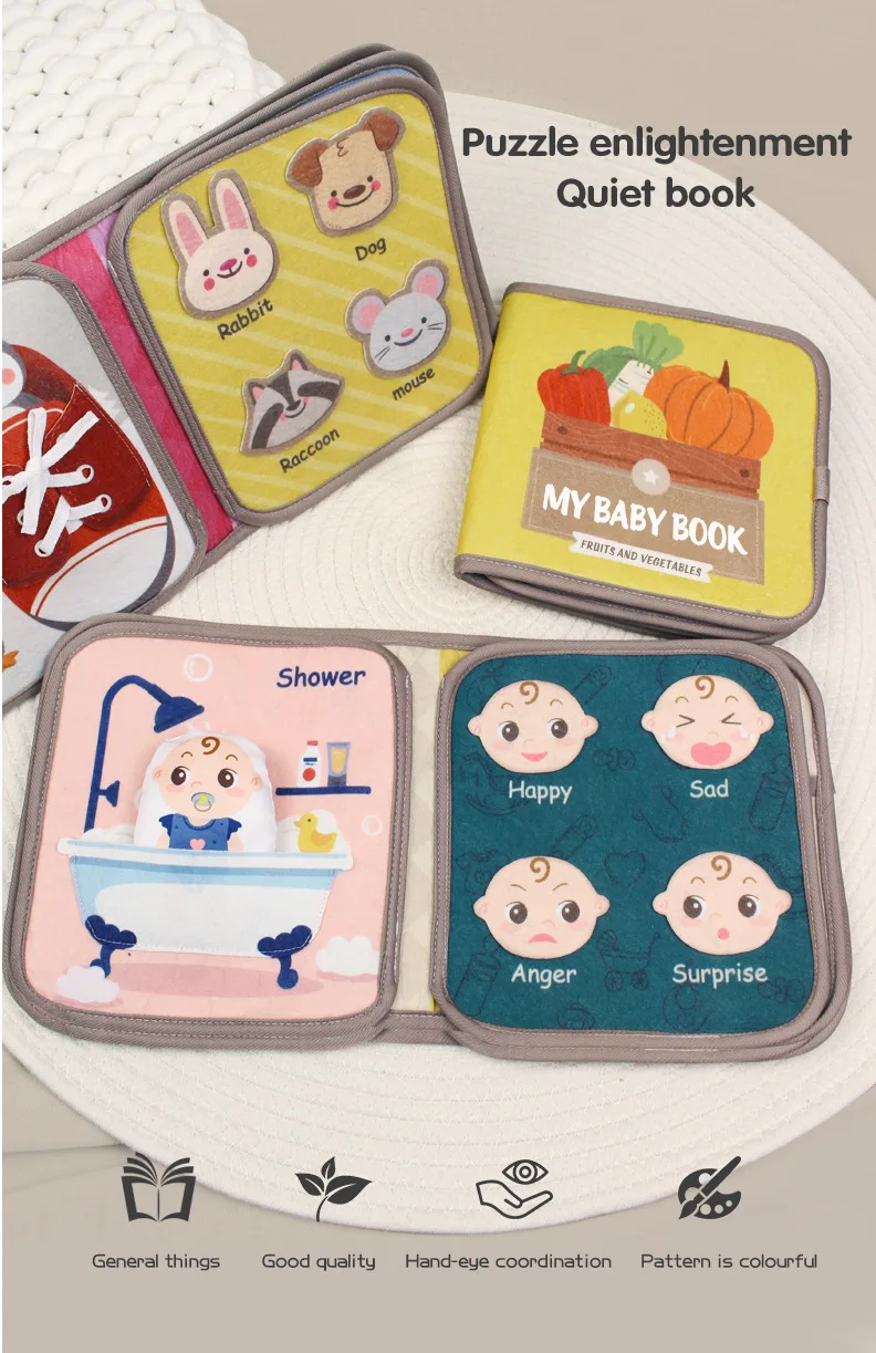Montessori Beschäftigt Buch Baby Frühe Bildung Puzzle Spielzeug Tier Kognitive Stoff Wiederholte Paste Ruhiges Aktivitätsbuch mit Lebensfähigkeiten – Detail 1