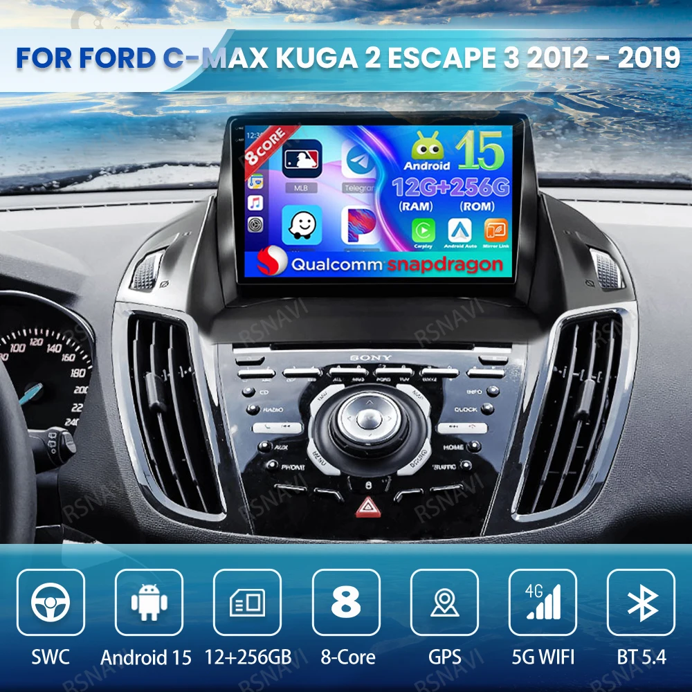 

Android 15 Car Radio For Ford C-MAX Kuga 2 Escape 3 2012 - 2019 Multimedia Wireless Carplay Auto Navigation BT QLED Qualcomm DSP
