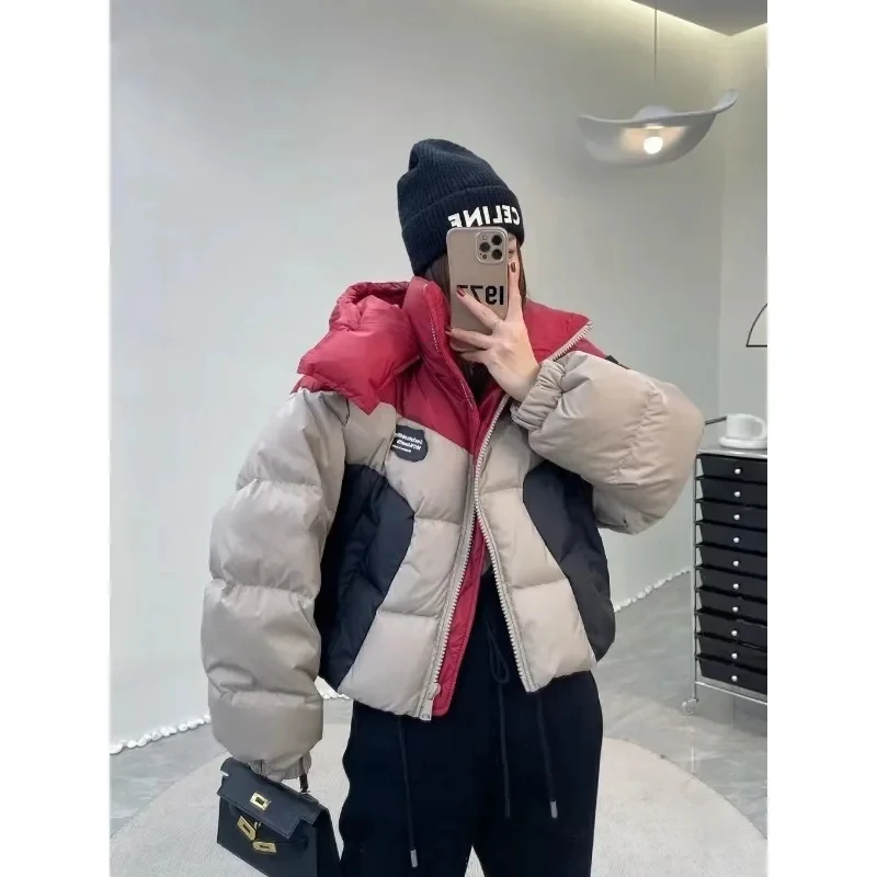 2023 Winter Casual Street Style Single Breasted Parkas Patchwork Jacket For Women Oversized Outerwear Fashion Warm Thick Coat