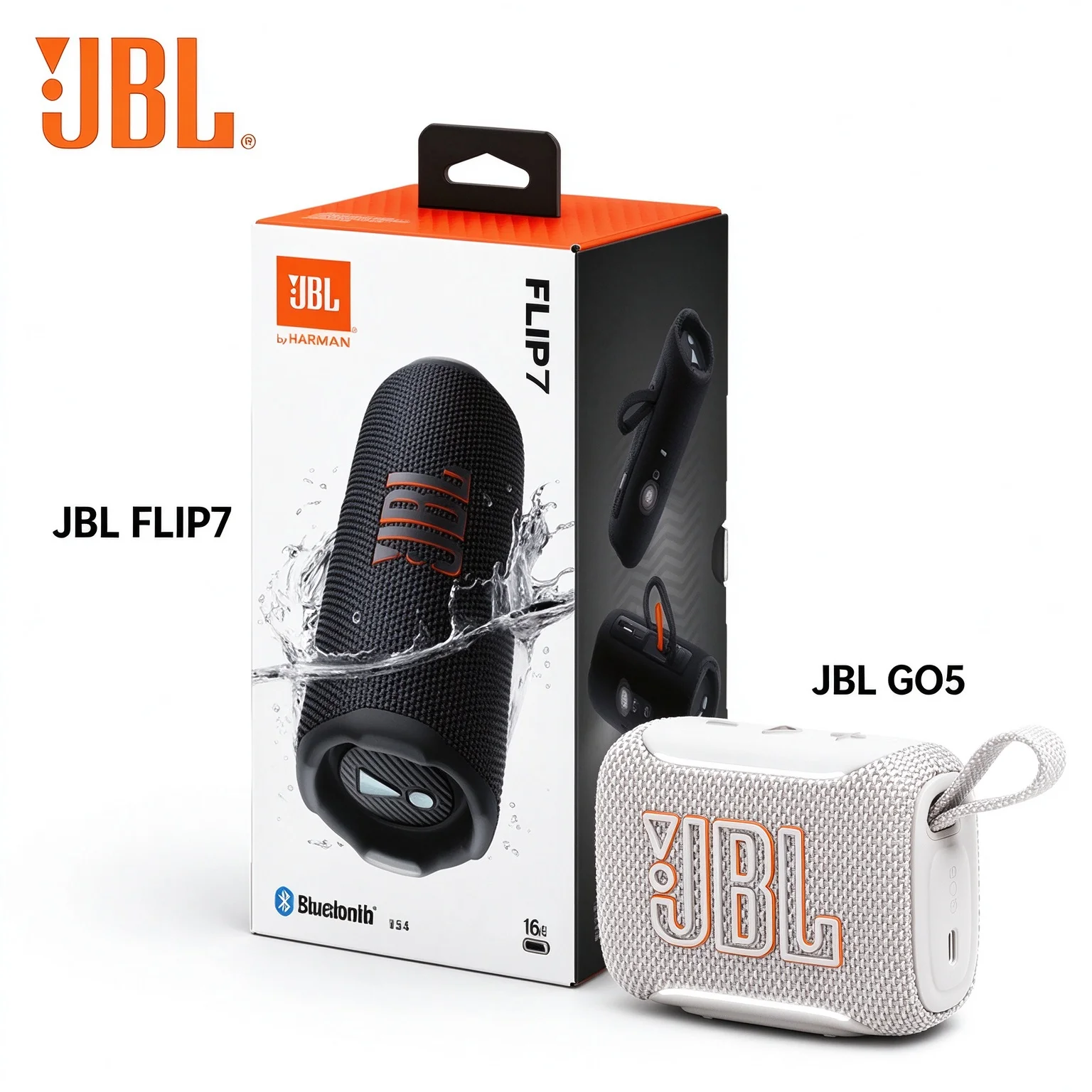 JBL GO5 & JBL FLIP7 Bluetooth Speaker Pack, GO5 RGB Edge Light, Flip7 Powerful AI Enhanced Bass IP68 for Camping and Beach