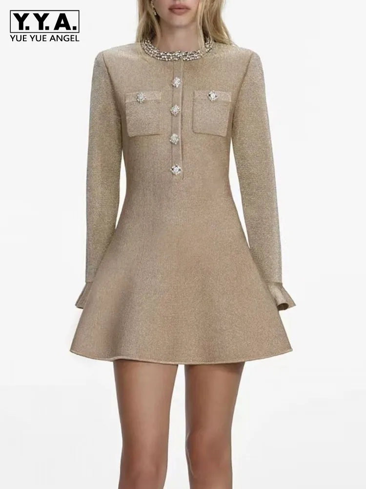 

Women Spring New Shiny Diamonds Mini Knitted Dress Long Sleeve Slim Fit Elegant Ladies Office Work Dresses Crystal Party Dress